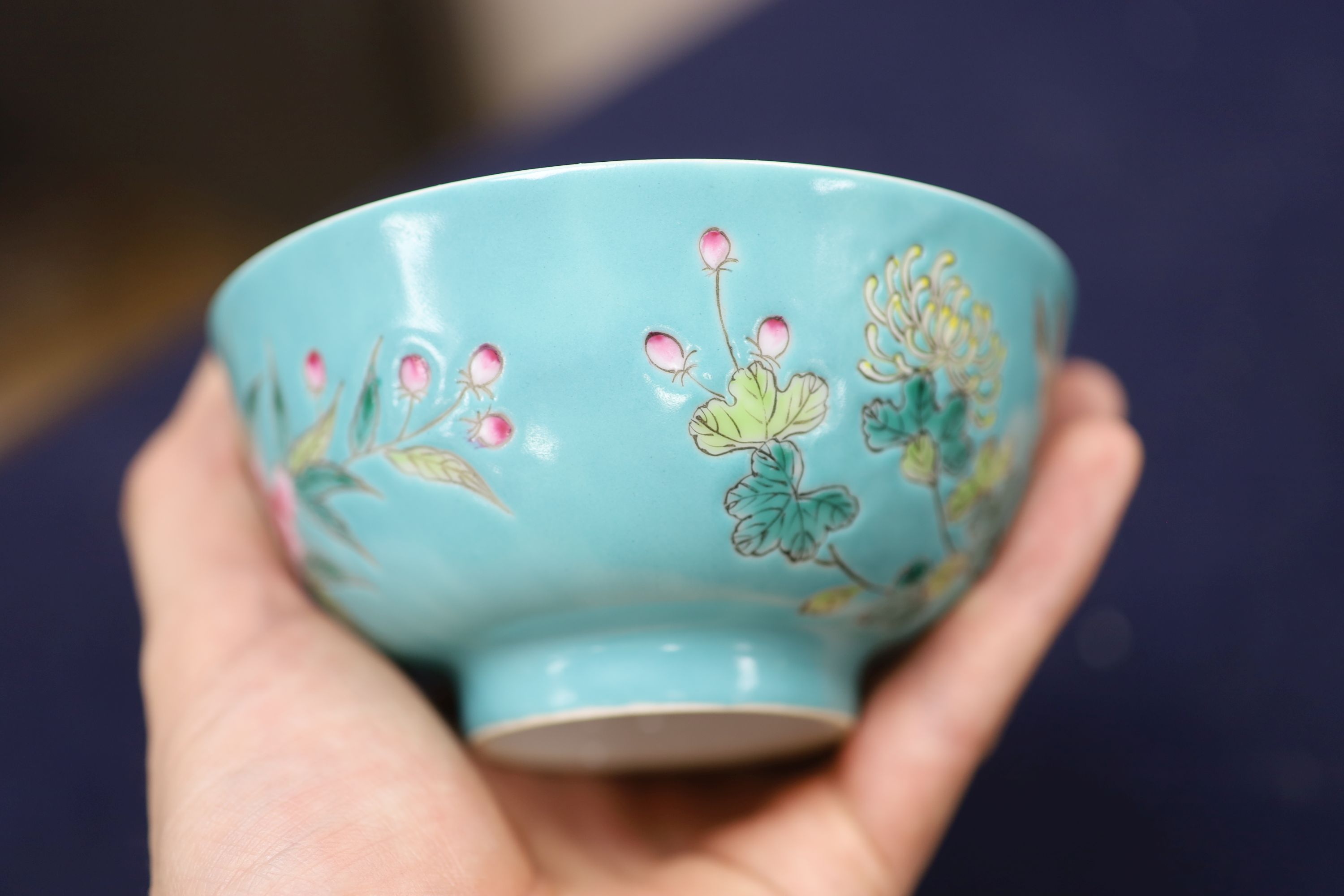 A pair of Chinese turquoise ground bowls, diameter 12cm